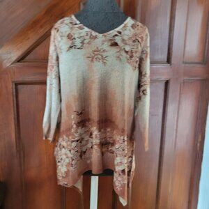 Floral Print V-Neck Asymmetrical Hem Tunic Top By Energe M Lightweight Knit